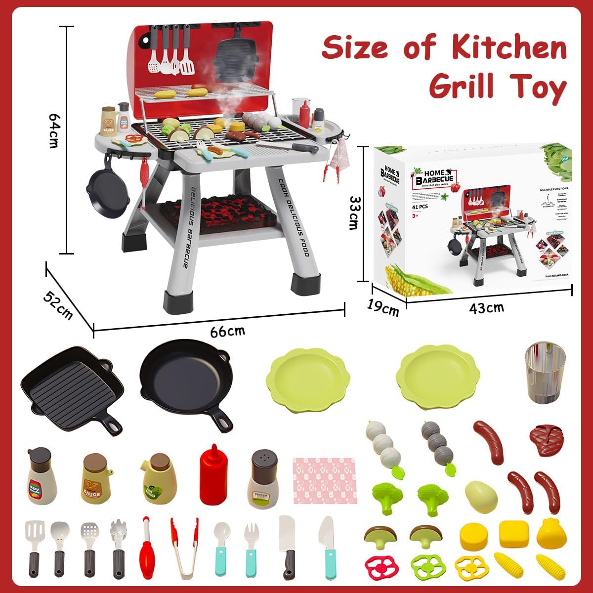 Kids Playset 41Pcs BBQ Toy with Smoke, Sound & Light for Pretend Play