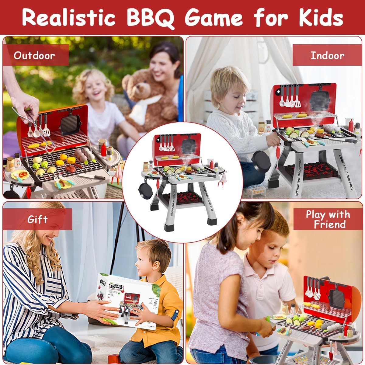 Kids Playset 41Pcs BBQ Toy with Smoke, Sound & Light for Pretend Play