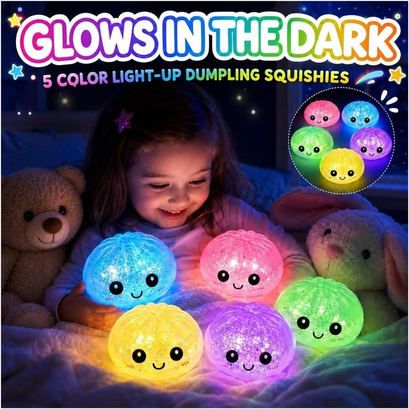 1 Pc of Light Up Dumpling Squishy Toy, Glow in the Dark Slow Rising Stress Ball, Soft Squeeze Fidget Toy for Adults, Sensory Desk Toy for Office, Anxiety & Stress Relief Gift