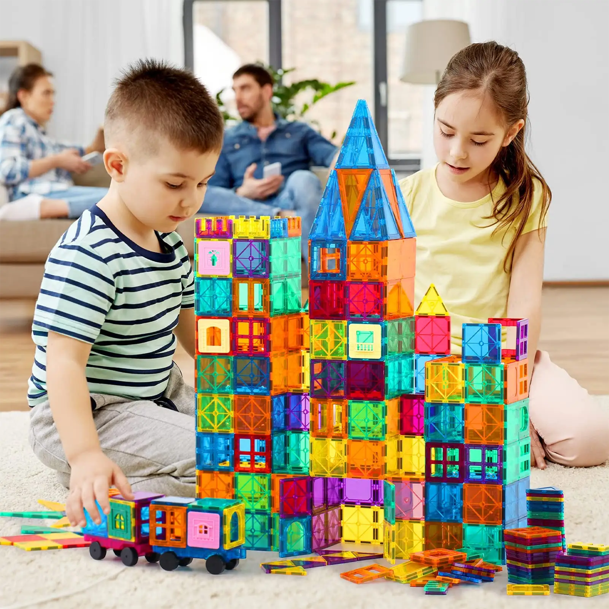 Magnetic Tiles & Blocks for Kids STEM Construction Building Set for Preschool Stacking Fun 96 Pcs