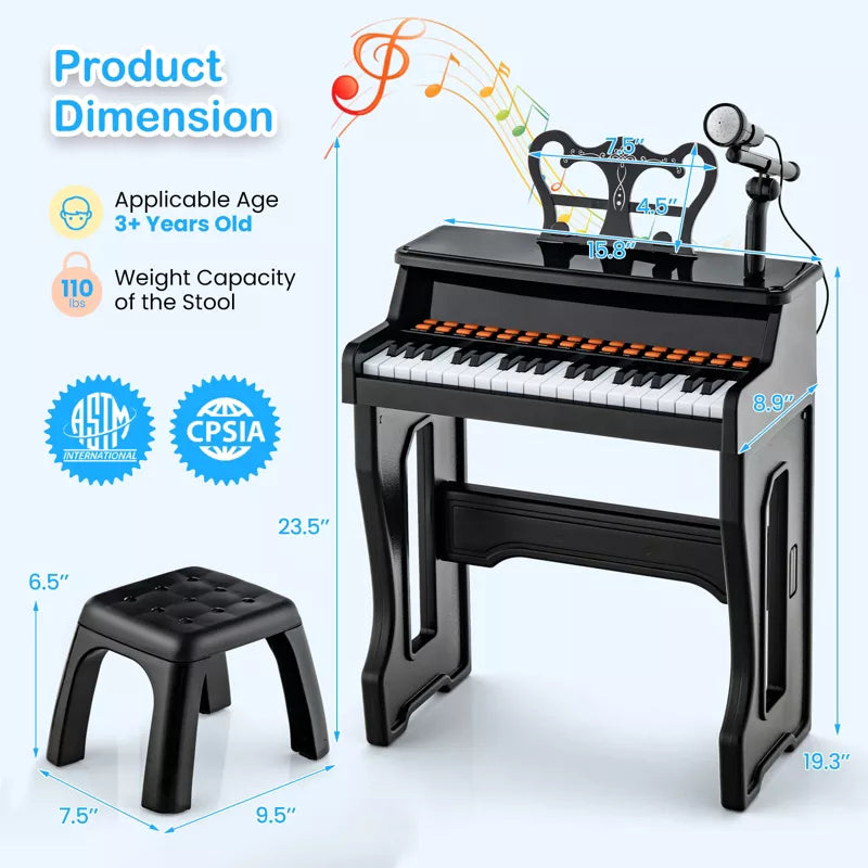 Music Piano Keyboard Kids Learning Toy Instrument with Microphone Black