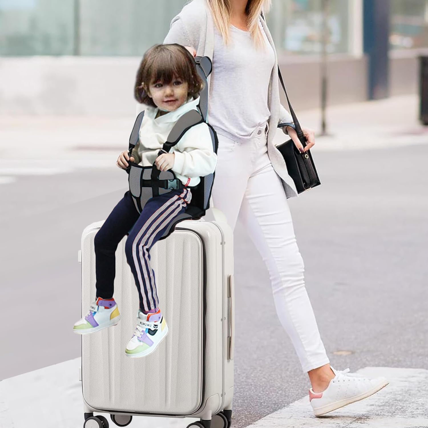 Saicheek Toddler Ride-On Travel Suitcase Baby Car Seat with Safety Rope & Travel Vest Blue
