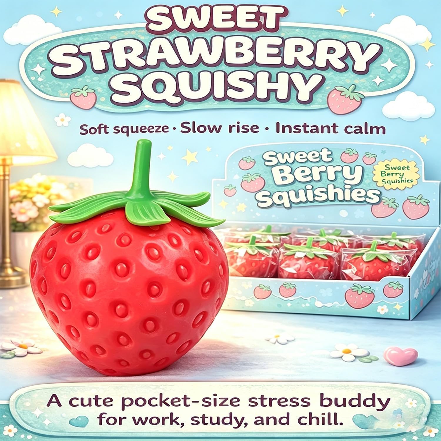 Strawberry Squishy Toy, Realistic Fruit Stress Ball, Soft Slow Rising Squeeze Fidget Toy for Stress Relief, Sensory Desk Toy for Adults & Teens, Party Favor Gift