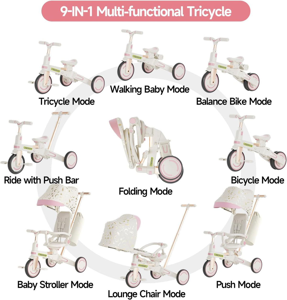 Winhope 9-in-1 Baby Tricycle with Push Handle & Canopy