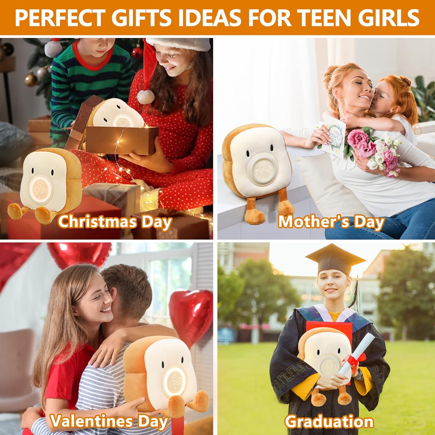 Cute Toast Plush Alarm Clock Rechargeable, Dimmable Night Light for Kids