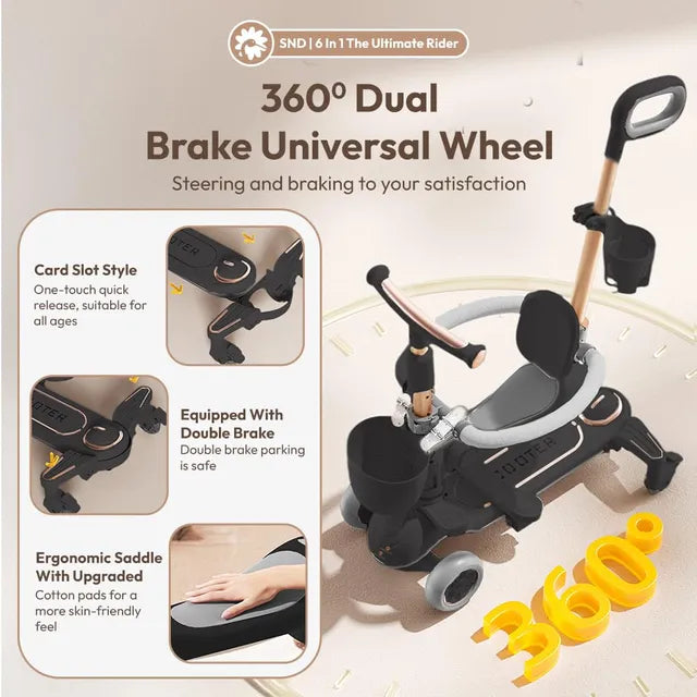 6-in-1 Kids Scooter with Push Handle, Tricycle for Toddlers with Canopy Black
