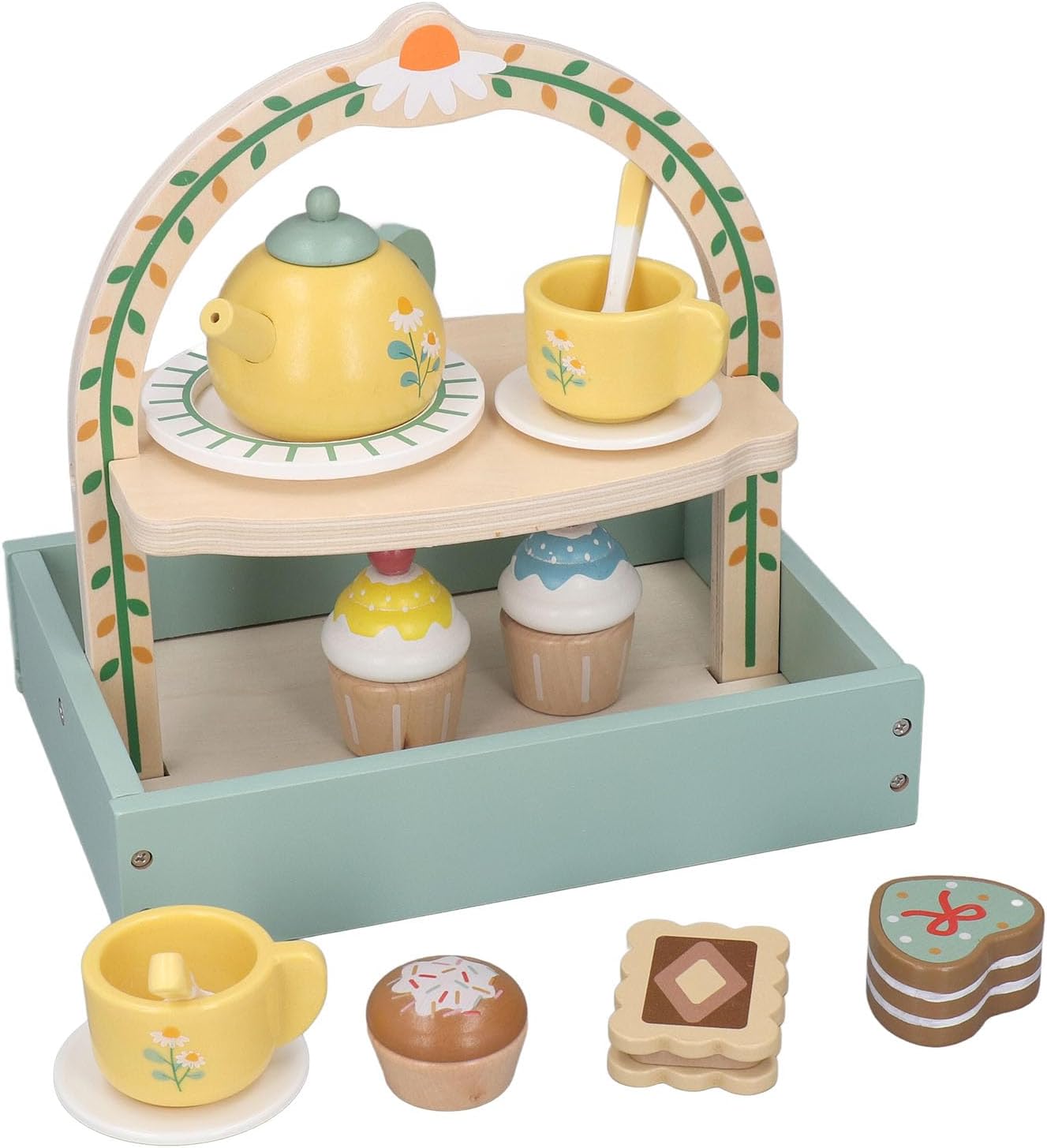 Wooden Tea Party Set with Cupcake Stand & Pretend Food Kids Playset toy for Ages 2-6