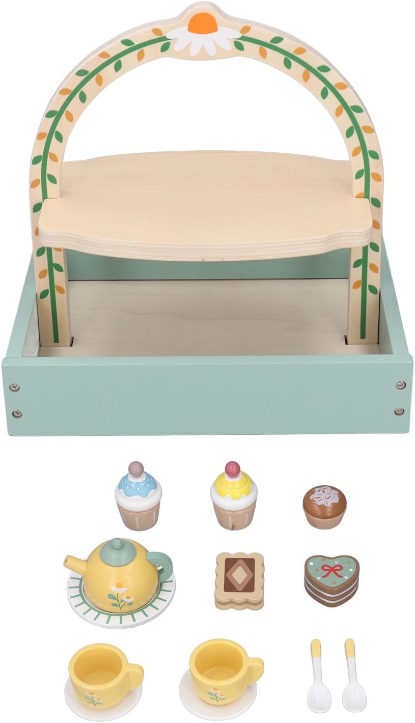 Wooden Tea Party Set with Cupcake Stand & Pretend Food Kids Playset toy for Ages 2-6