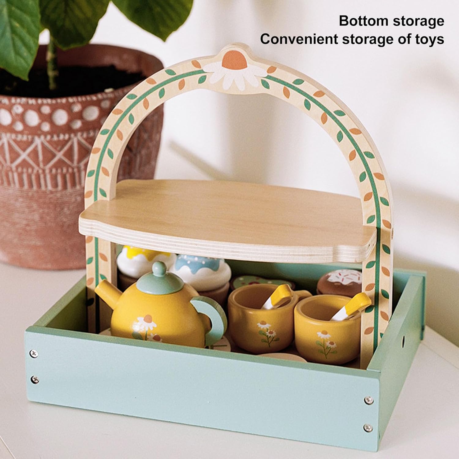 Wooden Tea Party Set with Cupcake Stand & Pretend Food Kids Playset toy for Ages 2-6