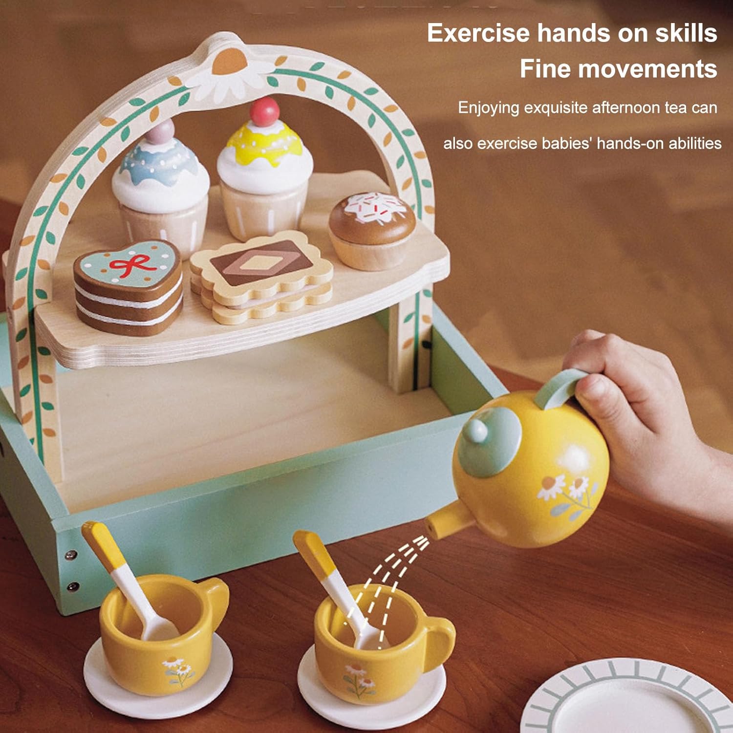 Wooden Tea Party Set with Cupcake Stand & Pretend Food Kids Playset toy for Ages 2-6