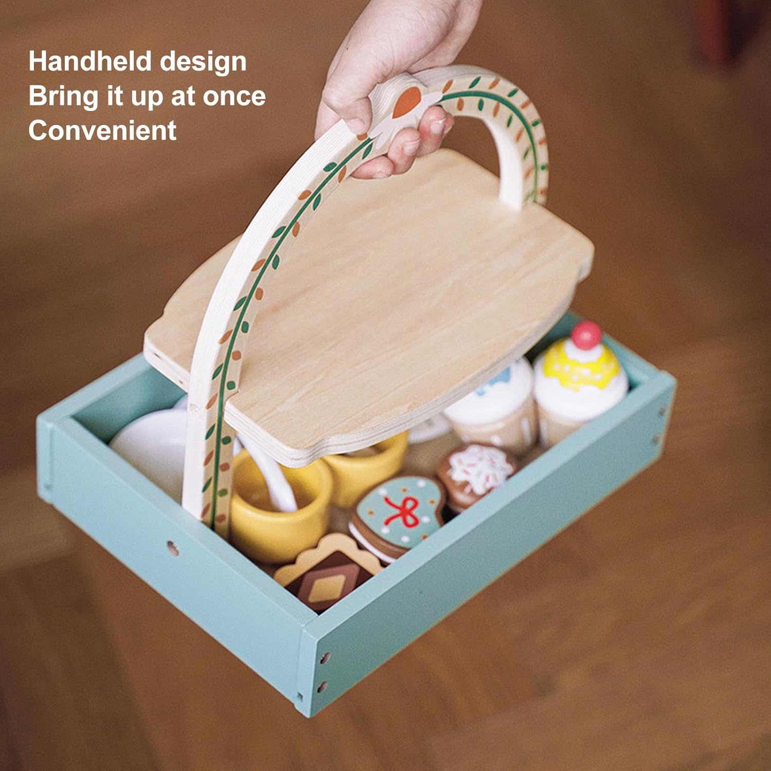 Wooden Tea Party Set with Cupcake Stand & Pretend Food Kids Playset toy for Ages 2-6