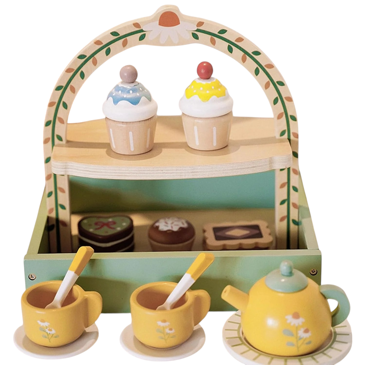 Wooden Tea Party Set with Cupcake Stand & Pretend Food Kids Playset toy for Ages 2-6