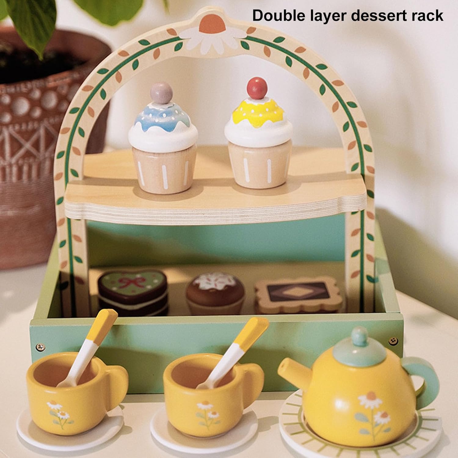 Wooden Tea Party Set with Cupcake Stand & Pretend Food Kids Playset toy for Ages 2-6