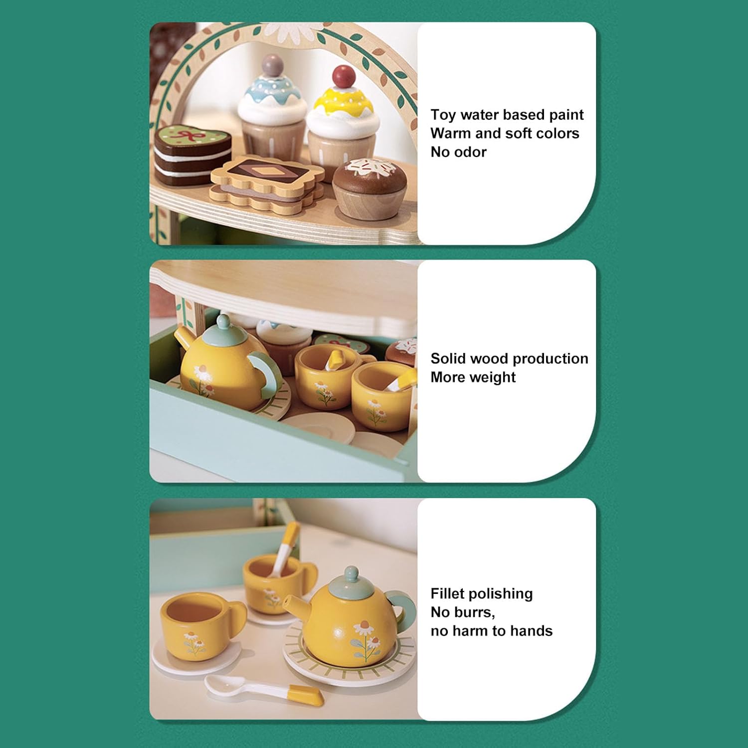 Wooden Tea Party Set with Cupcake Stand & Pretend Food Kids Playset toy for Ages 2-6