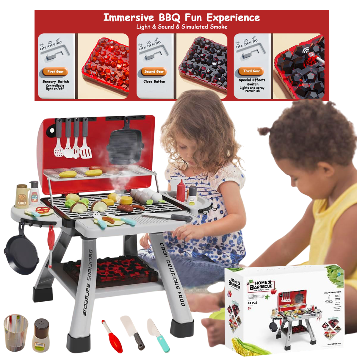 Kids Playset 41Pcs BBQ Toy with Smoke, Sound & Light for Pretend Play