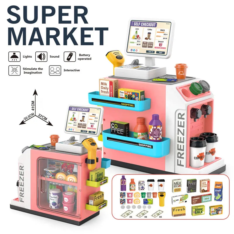 46 Piece Kids Supermarket Counter Set with Cashier, Coffee Machine, Lights & Sounds